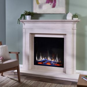 Irange i750e deep white flame in stapleton limestone surround