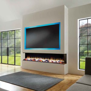 Irange i2200e deep media wall with white flame with woodland logs