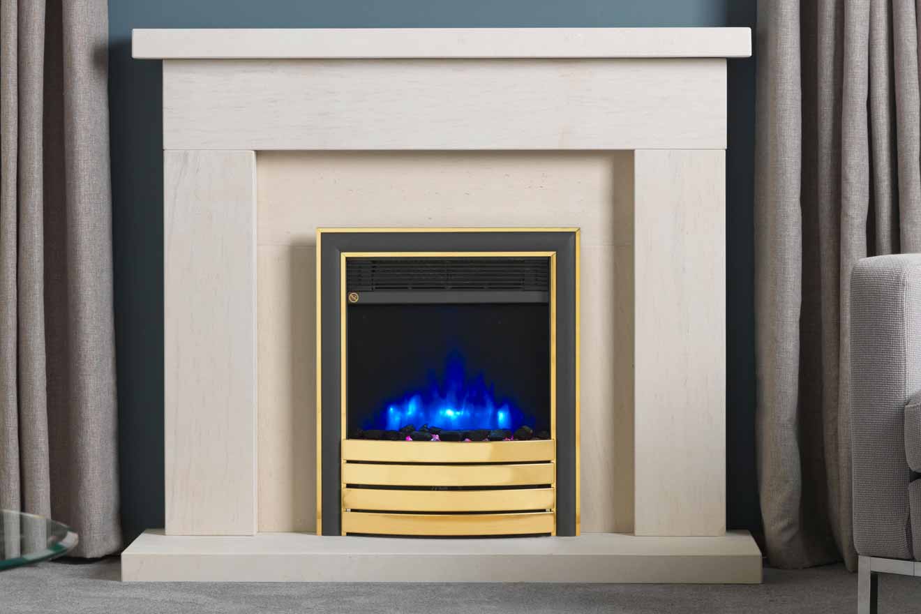 CJ 4D Ecoflame Beckford Surround Elite Brass Fascia Coal Fuel Bed Blue