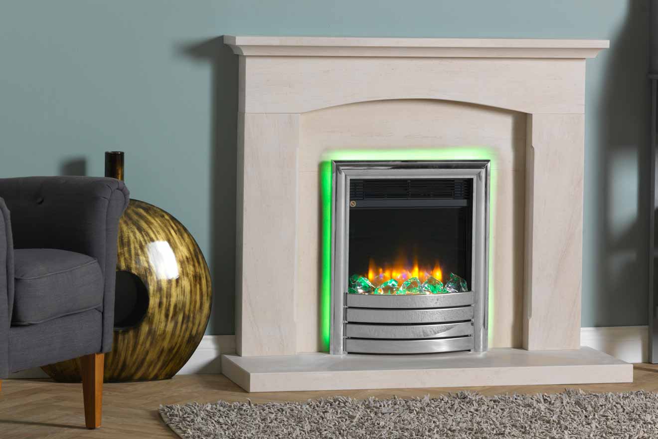CJ 4D Ecoflame Burcombe Surround Chrome Elite Fascia Green Ice Crystal Green Trim Lights